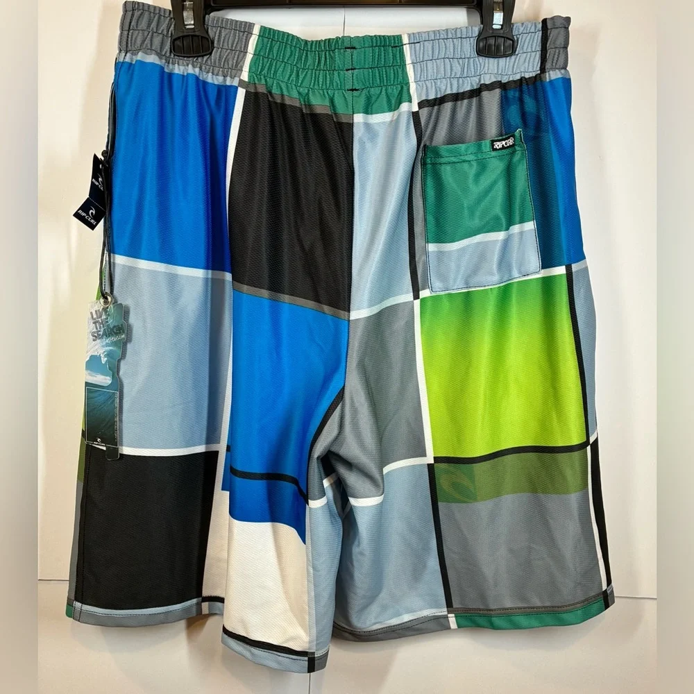 Rip Curl Boardshorts Mens Medium NWT Blue Green Plaid Swim Trunks Elastic Waist